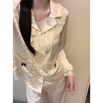 2025年新款法式甜美波點冰絲睡衣女春秋款長袖長褲家居服韓版套裝