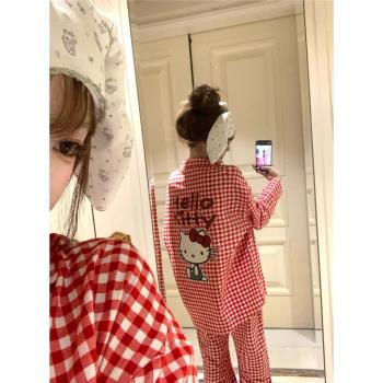 可愛hellokitty格子學生睡衣女春秋季新款卡通長袖長褲家居服套裝