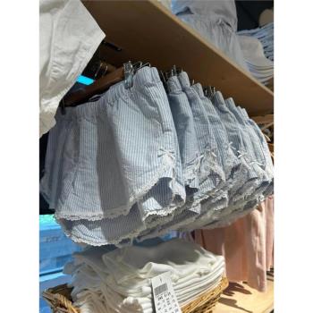 少女甜美蕾絲花邊睡褲女夏季新款大碼條紋短褲家居服休閑遛彎褲子