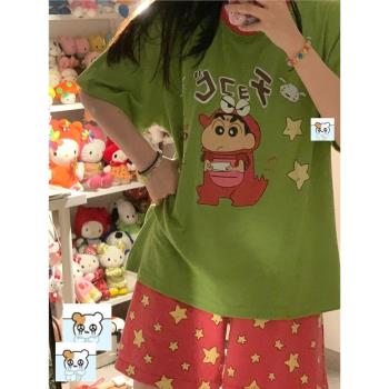 特大碼300斤卡通印花睡衣套裝女夏可愛少女短袖短褲家居服兩件套