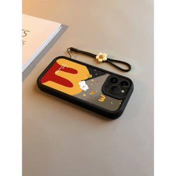 適用蘋果15手機殼高階感掛繩iPhone11pro創意新款的13pormax矽膠全包12卡通女保護套14plus防摔鏡面麥麥小兔