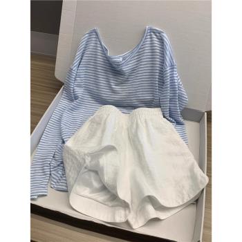 Sin Glee 簡約休閑條紋慵懶睡衣女夏季新款長袖短褲可外穿家居服
