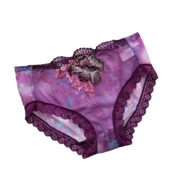 薄款性感刺繡蕾絲女士內褲中腰透明網紗鏤空無痕抗菌純棉襠三角褲
