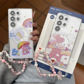 ins韓國卡通可愛彩虹熊適用三星GalaxyS25Ultra手機殼s24plus磁吸支架S23ultra手鏈s22+防摔軟保護套少女