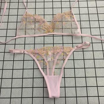性感透明情緒內衣套裝丁字褲無鋼圈系帶性惑刺繡花低腰美背性憾薄