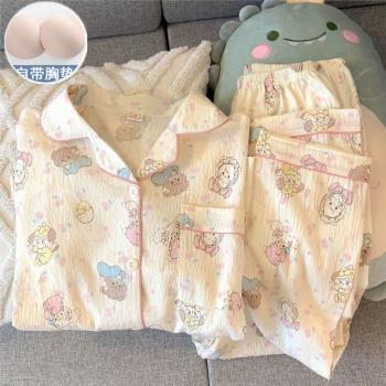 帶胸墊mikko睡衣女款春秋季純棉紗布長袖ins日系可愛夏冬季家居服