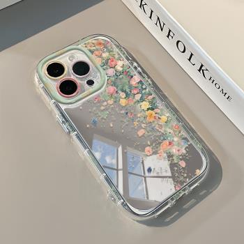 彩色蝴蝶花朵適用iPhone16鏡面手機殼蘋果15promax夏季14油畫13/12化妝奶油鏡子11pro補妝xsmax矽膠xs/xr女