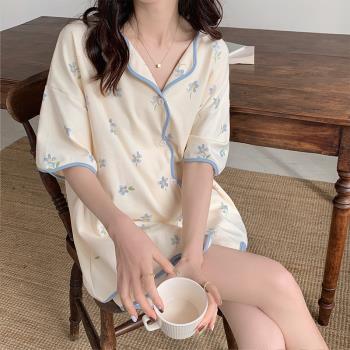 夏季睡衣女夏款短袖短褲2023年新款甜美可愛休閑藍花開衫兩件套裝
