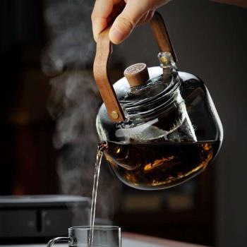 圍爐煮茶壺提樑壺高硼矽玻璃茶壺胡桃木把煮茶壺雙膽蒸煮一體茶壺