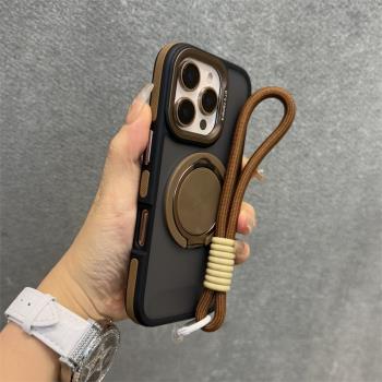 得樂適用蘋果16手機殼棕色CD紋360旋轉支架iphone16promax磨砂15pro高階感14新款13防摔12保護套16plus
