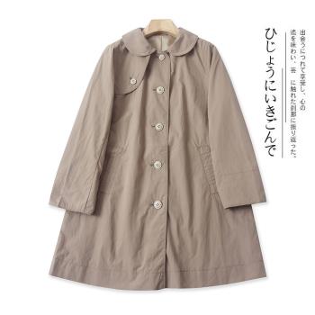 U/5/9日單春季新款外貿女青春寬松休閑翻領單排扣純棉中長款風衣