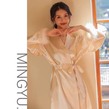 伴娘晨袍夏新娘結婚睡衣睡裙兩件套女士性感舒適羽毛薄款婚禮睡袍