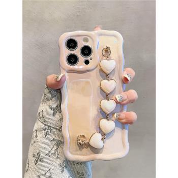 適用蘋果14手機殼iphone13promax韓風ins暈染愛心手鏈腕帶12pro小眾高階感15promax網紅女款11藍光15矽膠軟殼