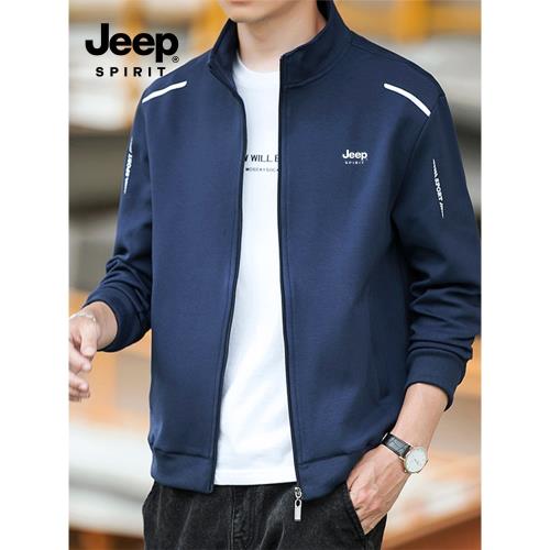 JEEP外套男春秋季潮流寬松休閑立領夾克中年爸爸秋裝運動開衫衛衣