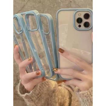 透明超薄奶藍遠峰藍邊框適用於蘋果16/14promax貼紙滴膠diy手機殼iPhone11純色邊框XR軟邊硬背78p亞克力12/13