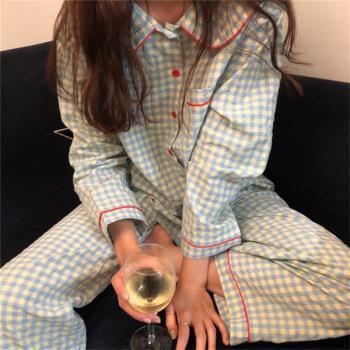 網紅簡約睡衣女純棉長袖長褲兩件套格子韓版春秋可外穿學生家居服