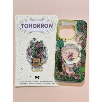 春意花草樹木小鳥磁吸支架適用iphone16promax手機殼蘋果16新款15創意14pro少女款13超火15promax防摔保護套
