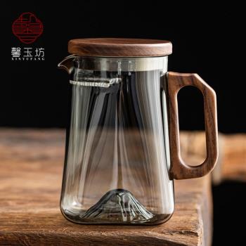 月牙過濾功夫泡茶壺便攜式耐高溫煙灰玻璃茶壺胡桃木把高檔泡茶器