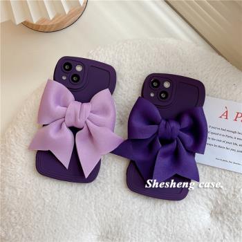 秋冬暗紫色蝴蝶結適用iPhone14/13pro手機殼16/15蘋果11/12矽膠x/xs max女xr高階感13軟套plus創意個性網紅P