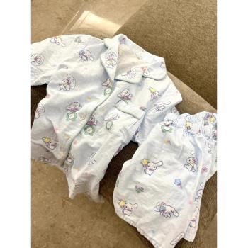 可愛玉桂狗印花短袖睡衣女夏季新款卡通短褲大碼家居服兩件套藍色