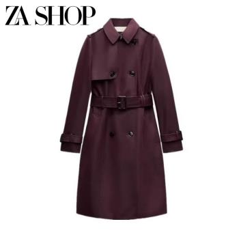 ZA春新品女裝雙排扣搭扣飾修身長袖翻領中長風衣經典外套 0518252