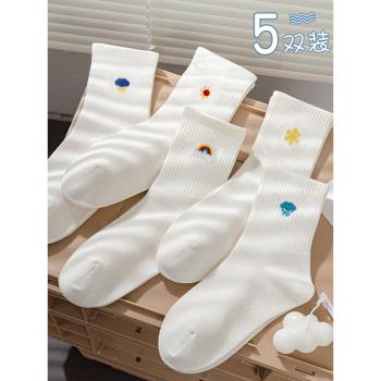 白色襪子女春夏款純棉中筒襪ins潮日系刺繡卡通運動情侶長筒襪男