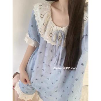 公主風甜美蕾絲花邊蝴蝶結睡衣女夏季韓版短袖短褲學生家居服套裝