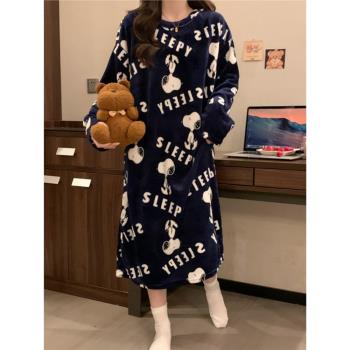 新款秋冬睡裙女長袖保暖珊瑚絨韓版卡通史努比可愛學生長款睡衣裙