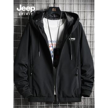 JEEP吉普連帽開衫外套男春秋季款運動夾克寬松冬裝加絨休閑上衣服