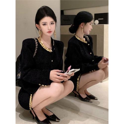 富家千金小香風套裝裙女名媛洋裝亮片短外套秋冬季新款半裙兩件套