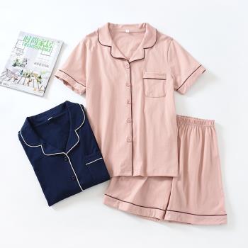 日系簡約純色睡衣女士夏季薄款開衫短袖短褲純棉針織棉家居服套裝
