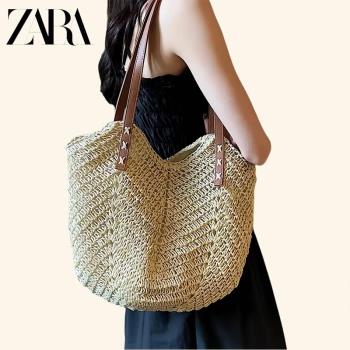 ZAR編織草編包包女大容量2025新款法式度假單肩包海邊沙灘托特包