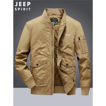 吉普JEEP夾克男春秋加厚保暖純棉棒球領工裝中老年多口袋棉衣外套