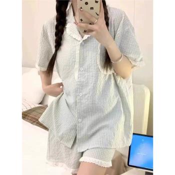 韓系格子ins甜美短袖睡衣女夏季2024年新款少女夏天網紅風家居服