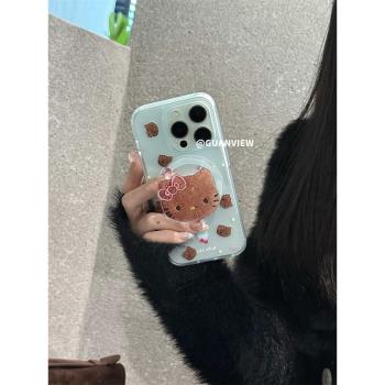guanview ins趣味焦糖餅幹凱蒂貓磁吸支架適用iPhone16ProMax蘋果15Pro手機殼14膚感13半透矽膠16防摔全包套