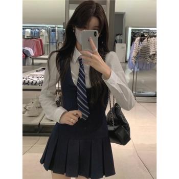 韓劇學院風jk制服套裝裙女秋季高階感小洋裝襯衫馬甲百褶裙兩件套