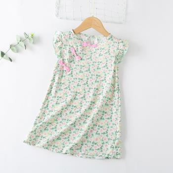 女童中國風洋裝兒童綿綢夏季人造棉改良旗袍碎花漢服寶寶公主裙