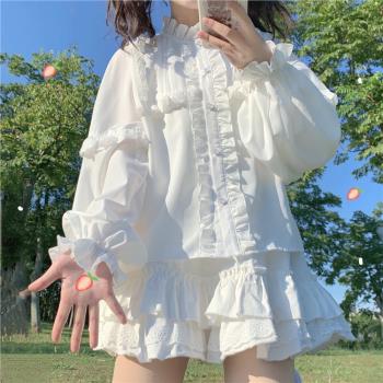 白糖少女~原創設計Lolita洋裝內搭長袖娃娃領荷葉邊襯衫上衣秋冬