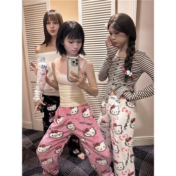 kitty貓睡褲女冬季新款珊瑚絨加厚保暖法蘭絨美式家居褲可外穿ins