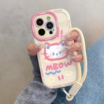 塗鴉貓咪掛繩適用於iPhone蘋果16手機殼15PROMAX矽膠14PM高階感13PRO軟殼12/11新款7/8Plus防摔Xr女款XsMax個