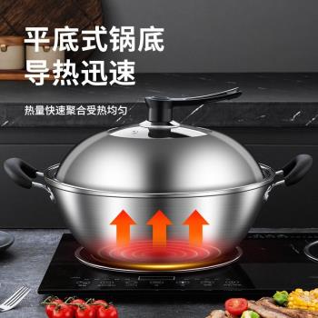 雙耳不銹鋼炒鍋不粘鍋家用無塗層平底鍋具燃氣灶電磁爐炒菜鍋專用