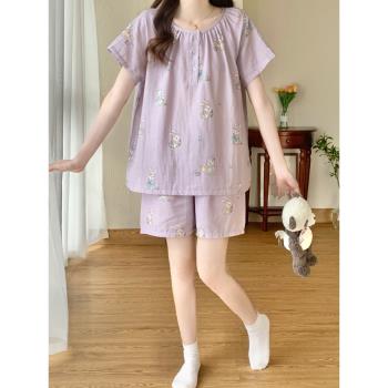 紫色短褲睡衣女款夏季家居服薄款短袖大碼兩件套日系女士女孩夏天