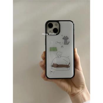 韓系ins小眾趣味個性插畫灰貓與棕貓咪黑邊適用iphone15蘋果16pro/14/13/12亞克力玻璃殼手機保護套