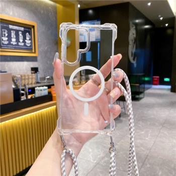 適用三星S24ULTRA磁吸充電手機殼S23 亞克力防摔S24+ 5G全包邊斜挎掛繩S23ULTRA透明保護套硬殼時尚女款小眾