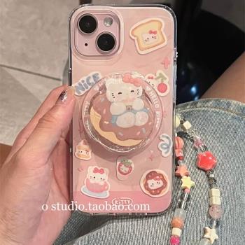 甜甜圈貓咪磁吸支架適用蘋果15/12手機殼14pm/13mini可愛xs max/iPhone 11PRO全包XR小眾658plus矽膠SE3防摔