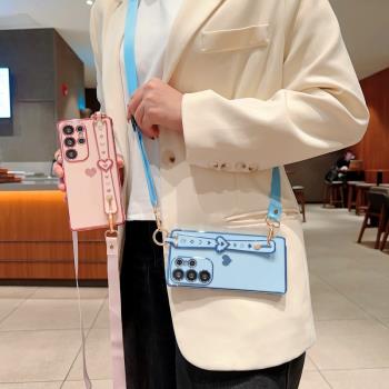 韓風電鍍愛心斜挎掛繩適用三星a55手機殼a13/a14/a15/a16軟殼a52/a53/a54腕帶支架a23/a24/a25保護套a34/a35