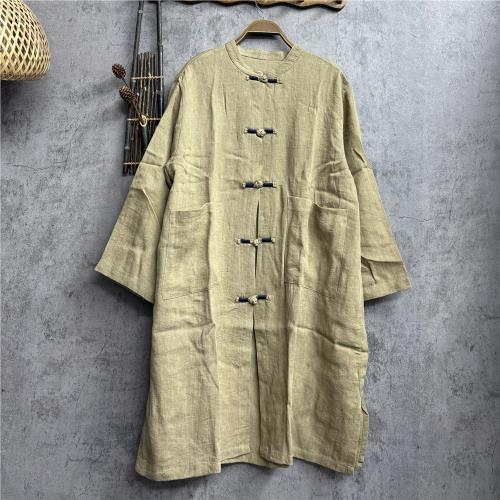 葉子家春季新品復古竹節麻文藝盤扣中長款女士外套138 100