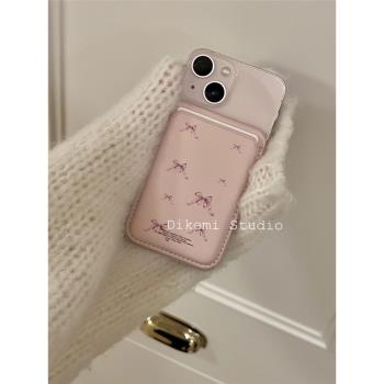 韓國ins甜美粉色少女心蝴蝶結絲帶magsafe磁吸手機殼皮質卡包適用於iPhone16/15pro/14promax蘋果13/12手機套