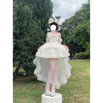 甜美白色Lolita洋裝jsk吊帶拖尾連衣裙生日成人禮在逃蓬蓬公主裙