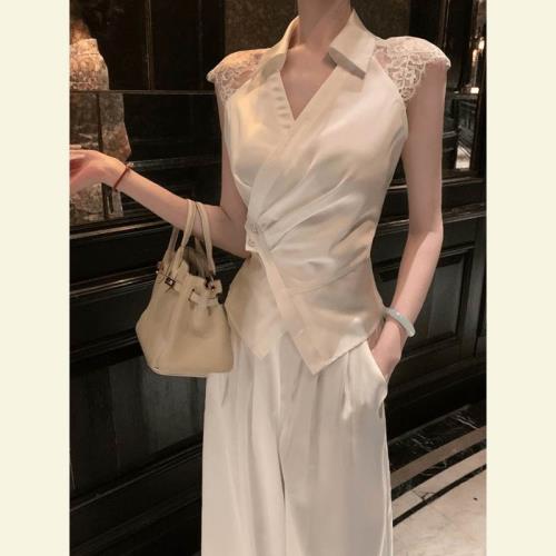 春季高知穿搭小洋裝輕奢高級時髦小姨風v領緞面白色襯衫套裝褲女